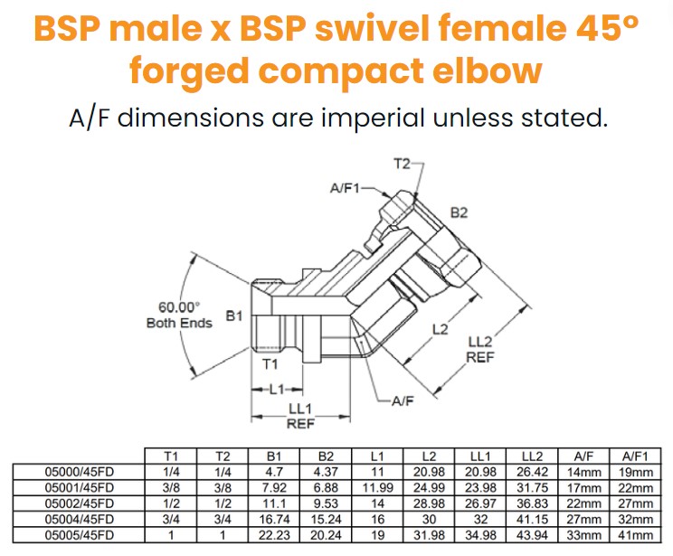1/4 BSP M/F 45° Forged Elbow Hydraulic Adaptor